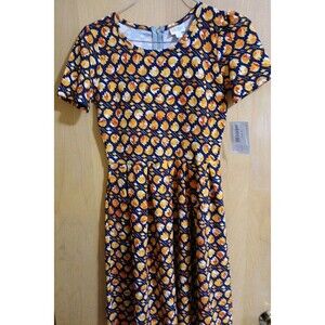 Lularoe Women’s Size Med Amelia Dress Fit & Flare Black Mustard Red Floral(Tulip